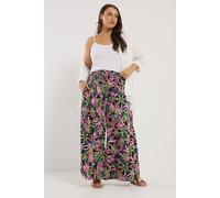 Yours Curve Black Tropical Print Shirred Wide Leg Trousers - Women's - Plus Size Curve