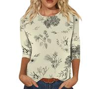 Shirt 3/4 Sleeve for Women Daily Tees Blouses Print Graphic Round Neck Tops Pullover Plus Size Loose T Shirt Womens Tops 3/4 Sleeve Loose Fit（Khaki,XL）