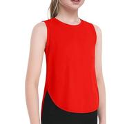 Shirt Blouse Children Girls Summer Sporty Plain Tank Tops Split Rounded Hem Sleeveless Shirts for Gym Yoga Running Top Cream, red, 9-10 Years