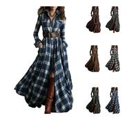 Shirt Dress Plaid Maxi Shirt Dress Womens Long Sleeve Button Front Plaid Maxi Dresses V-Neck Button Split Dresses with Pockets Retro Western Cowboy Style Vintage Long Sleeve Flowy Skirt Blue
