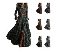 Shirt Dress Plaid Maxi Shirt Dress Womens Long Sleeve Button Front Plaid Maxi Dresses V-Neck Button Split Dresses with Pockets Retro Western Cowboy Style Vintage Long Sleeve Flowy Skirt Green