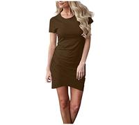 Shirt Dresses for Women UK Solid Color Mini Dress Wrap Tunic Dresses Short Sleeve Crew-Neck Slim Fit Party Club Sexy Evening Dress Ladies Classy Clothing Regular Size