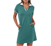 Shirt Dresses for Women UK Summer Tennis Golf Dress Casual Short Sleeve Collar V Neck Mini Dresses with Pockets Loose Fit Tunic T Shirt Dress Trendy Sports Lounge Going Out Sundress Army Green