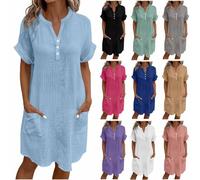 Shirt Dresses for Women UK Summer V-Neck Knee-Length Oversized Loose Short-Sleeved Blouse Shirt Dress Casual Daily Holidays Cotton Linen Solid Beach Dresses Green