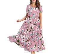 Shirt Dresses for Women UK, Womens Summer Long Dresses Casual Short Sleeve Crew Neck Maxi Sundress Ladies Loose Tshirt Dress Boho Floral Beach Sundresses Sister Birthday Gifts,Pink,XXL,u173k