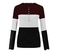 Shirt for Women Blouse with Sleeves O-Neck Shirts Long Front Button Lace Women's Blouse T Shirt Batik, black, L