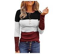 Shirt for Women Blouse with Sleeves O-Neck Shirts Long Front Button Lace Women's Blouse T Shirt Batik, Wine Red, M