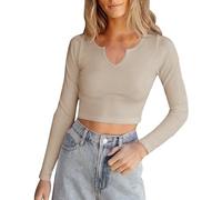 Shirt Long Sleeve Women's Black Crop Top Long Sleeve Women's Tops Slim Fit Crop Tee Shirts Long Sleeves V-Neck Blouses Aesthetic Skims Clean Girl Clothes Solid Classic Streetwear Casual