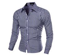 Shirt Top Blouse Men Autumn Winter Long Sleeve Plaid Self-Cultivation - Blue - 0