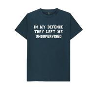 Shirtbox in My Defence They Left Me Unsupervised Funny Sarcastic T-Shirt - Humor Graphic Tee for Work, Friends or Adults Denim Blue