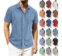Shirts for Men Adult Casual Short Sleeve Linen Shirt with Pockets Button Down Work Lounge Hawaiian Beach Tshirts Regular Fit Cotton Summer Tops Men's Fashion Holiday Clothes Plus Size Blue