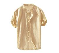 Shirts for Men Casual, Men's Baggy Cotton Linen Solid Short Sleeve Button Retro T Shirts Tops Blouse, Blouse and Tops (Khaki L)