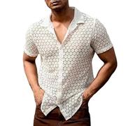 Shirts for Men Short Sleeve Sheer Mesh See Through Shirt Lapel Neck Hollow Out Lace T-Shirt Button Down Tops Blosues Camisa De Algodon para Hombre(White, M)