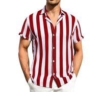 Shirts for Men Short Sleeve Striped Shirt Loose Fit Hawaiian T-Shirt Button Down Tops Business Office Work Blosues Camisas para Hombres(Red, XL)