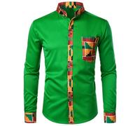 Shirts for Men UK Plus Size Regular Fit Button Down Men's Dress Shirts Men's African Long Sleeve Printed Patchwork Design Button Up Shirt One Shirt (Green, M)