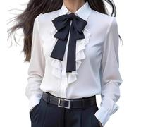 Shirts for Women Bow Tie Neck Button Down Blouse Ruffle Front Laple Satin Tops Elegant Solid Long Sleeve Silk Blouses Dressy Businnes Tops Trendy Vintage Ladies Shirts