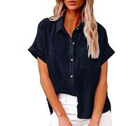 Shirts for Women UK Cotton Linen Plus Size Short Sleeve Button Down Top Summer Causal Fashion Solid Tees Loose Blouse Navy XXL