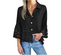 Shirts for Women UK Elegant Casual 3/4 Sleeve Lace Blouses Lightweight Loose Button Tunic Tops Plus Size Summer Three Quarter T Shirts Holiday Beach Shirt Party Wear Fashion Tees