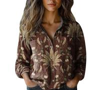Shirts for Women UK Plus Size Short Sleeve Linen Standing Collar Button Up Tops Retro Flower Print Blouses Comfortable Basic Oversized Breathable Longline Casual Shirt Going Spring Summer Brown