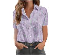 Shirts for Women UK Vintage Floral Print Shirts Causal Turn-Down Collar Short Sleeve Blouse Button Down T-Shirt Loose Fit Comforty Shirt Office Classic Blouses Ladies Tops S-5XL Purple