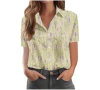 Shirts for Women UK Vintage Floral Print Shirts Causal Turn-Down Collar Short Sleeve Blouse Button Down T-Shirt Loose Fit Comforty Shirt Office Classic Blouses Ladies Tops S-5XL Yellow