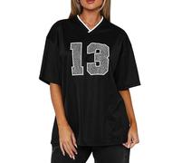 Shirts for Women Y2k Oversized Number Graphic V Neck Short Sleeve Jersey T-Shirt Vintage 90S Streetwear (B-Black, L)