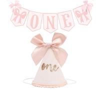 shirylzee 1st Birthday Hat with Banner, 1st Birthday Crown Hat for Baby Girl, Glitter Number First Birthday Hat with Pink Bow, Baby's First Party Hat Photo Prop, First Birthday Decorations