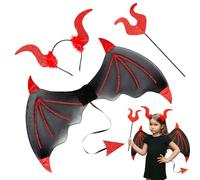 shirylzee 3 Pcs Halloween Devil Costume Set, Halloween Gothic Bat Wings, Devil Wings Hallow-EEN Cosplay Props, Devil Fork Dress-Up Accessories for Hallowe-en Carnival Masquerade (Black + Red)