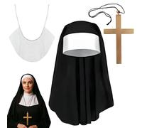 shirylzee 3Pcs Nun Costume Accessories, Nuns Headpiece with Nun Hat, Collar Accessories, Crossing Necklace, Nuns Costume Outfit for Halloween Cosplay Religious Parties Women's Fancy Dress