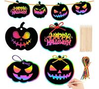 shishiruyizhong 12PCS Halloween Scratch Pictures Kit, Pumpkins Rainbow Scratch Art Hang for DIY Party Ornaments Halloween Decor with 2 Wooden Sticks and 12 Colorful Ribbons