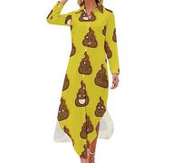 Shit Emoticons on Yellow Long Maxi Shirt Dress For Women Button Down Blouse Dresses Long Sleeve