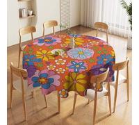 ShiTingYu 70's 60's Retro Tablecloth Round, Boho Floral Vintage Hand Drawn Colorful Table Cloth Stain Resistance Polyester for Kitchen Party Picnic Orange Yellow Tablecloth, 36x36 Round