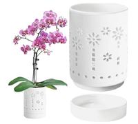 SHITOOMFE Ceramic Orchid Pot Hollow Orchid Pots With Holes & Saucers, 4 Inch Small Ceramic Orchid Pot, Effective Drainage And Ventilation Orchid Planter For Indoor/Outdoor White