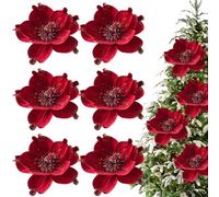 SHITOOMFE Christmas Flowers Artificial, Magnolia Flowers for Christmas Tree Glitter Xmas Magnolia Artificial 6Pcs 9.5" Fold Floral for Party Wedding Centerpiece, Red