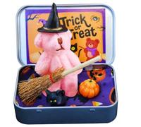 SHITOOMFE Halloween Stuffed Animal, Halloween Stuffed Animal Cute Little Bear in a Box with Witch Hat Broom Pumpkin Cat Cozy Plush Small Bear for Kids Adults
