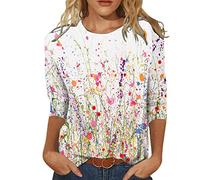 SHITOUJI 3/4 Sleeves Tops for Women UK Floral Printed Crew Neck Tee Shirts Loose Fit Boho Tshirts Ladies Summer Casual Baggy Three Quarters Sleeve Tunic Pullovers Personalised T Shirts