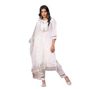 Shiv Textiles Embroidery Off White Kurta Trousers With Dupatta Striped Viscose Silk Blend Three-Quarter Sleeves Kurta Sets For Womens(JD-VIDYA-OFFWHITE-S), White, S
