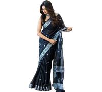 Shiv Textiles Womens Cotton Banarasi Silk Saree With Unstitched Blouse., Black, One Size