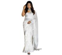 Shiv Textiles Women's Cotton Banarasi Silk Saree With Unstitched Blouse in White, Free Size