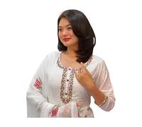 Shiv Textiles Women's Georgette Embroidered Kurta Trousers Dupatta Set, White, M