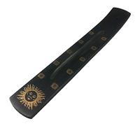 Shiva Golden Sun Incense Tray - Black weathered wood with gold sun motif on a classic incense holder