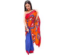 Shivanya Handicrafts Women's Hand Block Batik Bagru Jaipuri Ikat Printed Handloom Pure Cotton Mulmul Traditional Cotton Sarees With Printed Blouse Piece With Pom Pom Lace (Orange,Blue)_SH-0916,