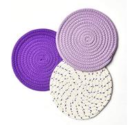 Shiwaki 7inch 3 Pcs Farmhouse Fabric Braided Absorbent Coasters .Cotton Thread Material.Pot holder, Tea Cup Holder, Heat Insulation Pad - Purple Series