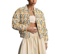 Shiyifa Women's Embroidered Daisy Cropped Bomber Jacket Long Sleeve Quilted Puffer Jackets Padded Coat Outerwear, Yellow, Medium