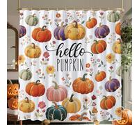SHIYUE Fall Pumpkin Shower Curtain, Thanksgiving Harvest Pumpkin Floral Bathroom Decor, 180GSM Heavy Duty Waterproof Washable Fabric, with 12 Hooks 72x72 Inches White