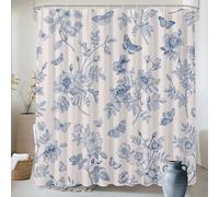 SHIYUE Garden Shower Curtain Floral Print, Boho Vintage Pretty Chic Cloth Set with Hooks, Farmhouse Chinoiserie Aesthetic Decorative 72x72 Inch, Blue Butterfly A2