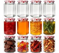 SHiZAK Glass Jam Jars with Red Gingham Lids 9 oz / 270ml-12Pack,Hexagonal Storage Glass Jars for Airtight Pickle, Jams, Honey, Preserving, Food Storage