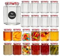 SHiZAK Glass Jars with Red Gingham Lids 9 oz / 270ml Hexagonal Storage Glass Jars for Airtight Pickle, Jams, Honey, Preserving, Food Storage (24 Pack)