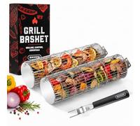 SHIZZO Extra Sturdy Rolling Grill Basket, Removable Handle, Set of 2