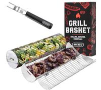 SHIZZO Rolling Grill Basket, Sturdy Cylinder Grilling, Food Grade Stainless Steel, Large Portable Outdoor Camping BBQ Net Rack, Cooking Griller for Fish, Set of 2